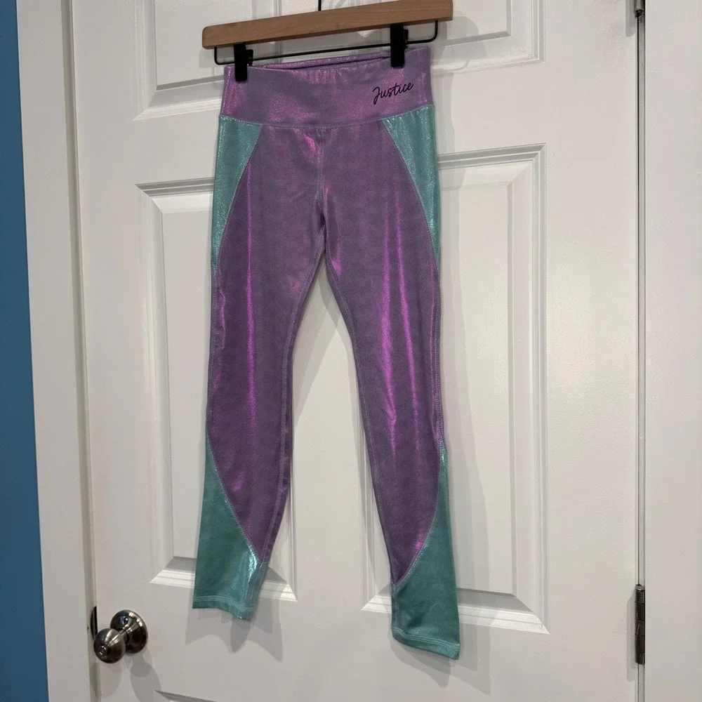 Justice‎ Girls Purple Teal Metallic Shimmer Colorblock Leggings Size M 10